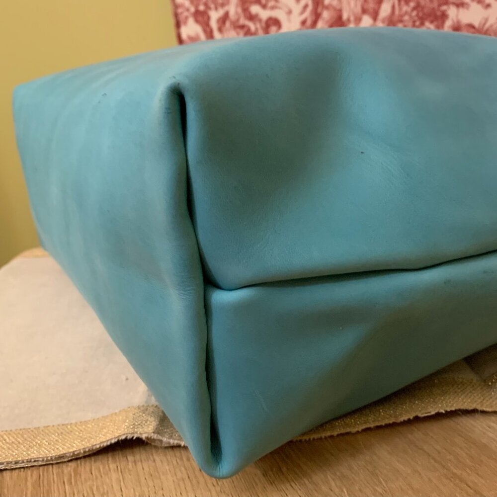 Turquoise Leather Tote with Brown Leather Handles by KMM & Co - Picture 12 of 14